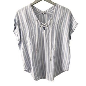 Rails Light Blue & White Jeri Holland Stripe Linen Blend Short Sleeve Top
